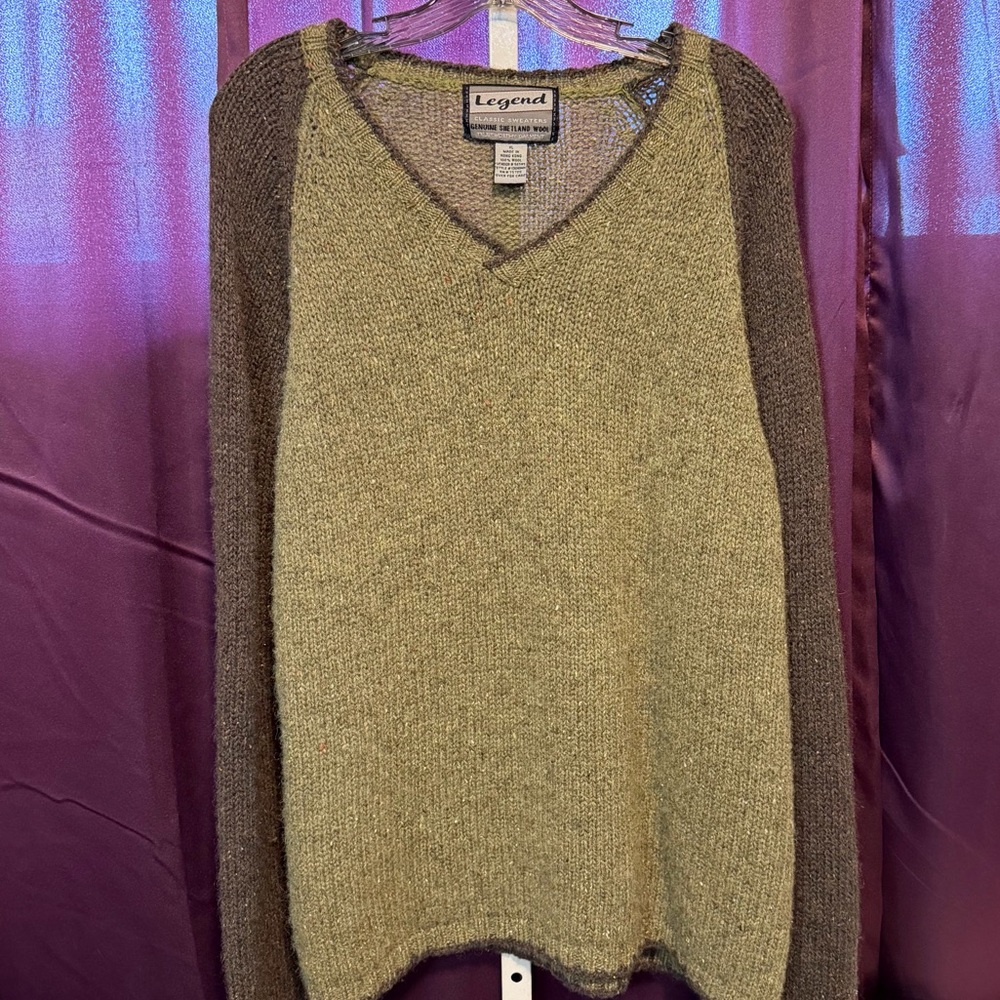 Legend Vintage Genuine Shetland Wool Pullover V Neck Sweater Green